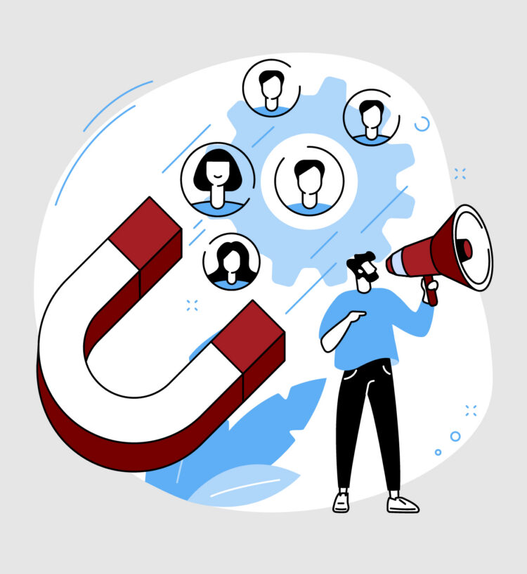 Illustration of a marketer with a megaphone and a large magnet drawing in customer profiles around a gear, representing brand-led growth